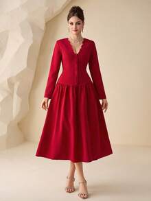 Modelyn 女士春夏红色梭织面料纽扣花卉领长袖收腰A字优雅连衣裙 - 紅色 - 查看 7