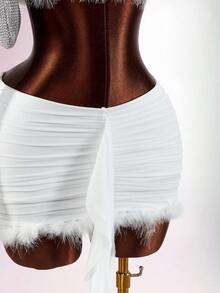 Amplova Conjunto de 2 piezas para mujer, top corto de un hombro de manga larga con textura esponjosa y minifalda ajustada con volantes, todo blanco, ropa de fiesta, otoño, estilo años 70, cumpleaños, Y2K - Blanco - Ver 14