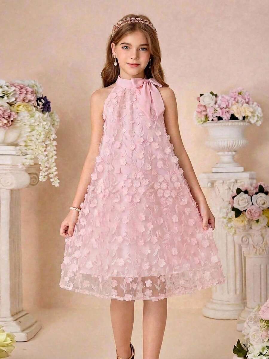 SHEIN 少女宽松优雅立领无袖3D立体花卉面料连衣裙 - 淺粉色 - 查看 1