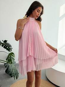 Aloruh Women's Halter Neck Ruffle Casual Date Party Mini Dress - Baby Pink - View 1