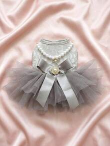 PETSIN 1 Piece Of Clothing For Cats/Dogs, Decorated With Pearl Necklace Dress, Spring And Summer Pet Gray Fluffy Gauze Skirt - Grey - View 2