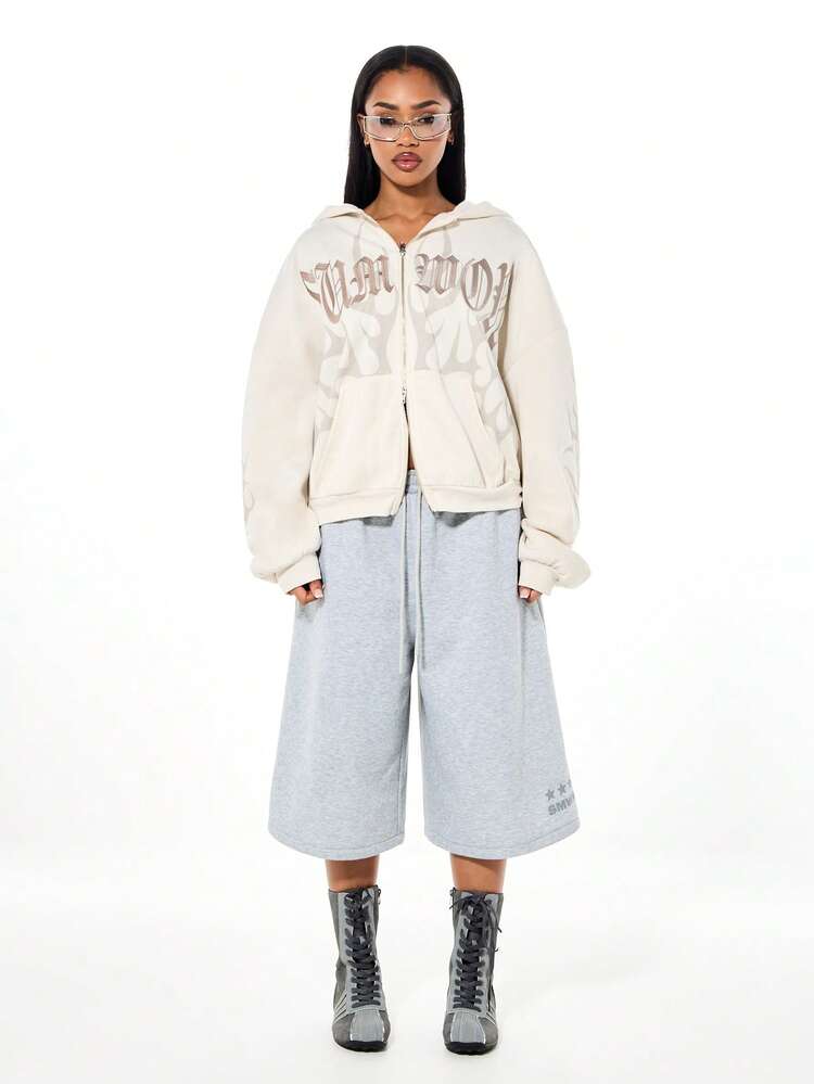 SUMWON WOMEN Sudadera con capucha con cremallera y texto gráfico, de corte holgado y cómodo, con cordón, para un estilo casual de otoño e invierno - Caqui - Añade 3