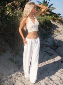 Sydney Algeri 系带亚麻质感沙滩裤，优雅夏季度假阳光休闲波西米亚风白色机场冬季派对裤 - 白色 - 查看 5