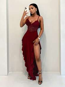 BamGleam Đầm hai dây ren xẻ cao gợi cảm thời trang dành cho nữ - Đỏ - Xem 6