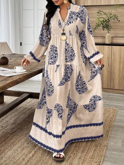 Weeklong Apricot Plus-Size Maxi Dress - Blue Paisley Bohemian Print, Long-Sleeve Multi-Layer Paneled, Women's Spring & Summer Dress