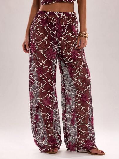 SHEIN BAE Pantaloni de plajă transparenți cu broderie florală pentru femei