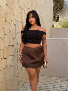 Rustia Brown Satin & Tweed Patchwork Elegant Vacation A-Line Skirt, Waist Cinched, Flared Hem, Flattering - Coffee Brown - View 1