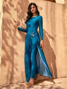 Swim Shayni 优雅的蓝绿色女士长袖连体裤和薄纱裙套装 - 不对称金属扣和长裤款式，是度假或节日场合的理想之选 - 水鴨藍 - 查看 1