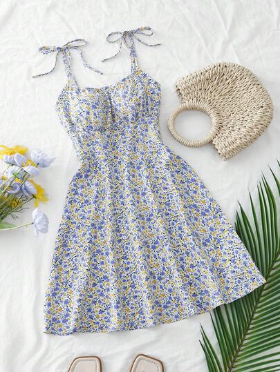 Trelyra Women's Spaghetti Strap Tie-Up Ditsy Floral Mini Dress