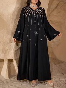 Al Najma Vestido holgado con cuello en V, manga larga y adornos de strass, de tela brillante y cómoda, adecuado para mujeres de talla grande - Negro - Ver 7