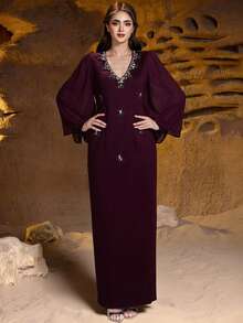 Layrah Wine Red Knitted Beaded Midi Dress With Unique Design Luxury Dress For Women - Burgundy - View 9