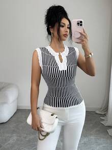 Elenzga Striped Print Notched Neck Fitted Elegant Sleeveless Knit Top - Black - View 6