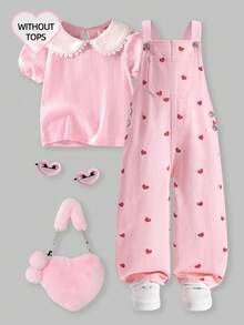 SHEIN 女童夏季蓝色牛仔连体裤，新款时尚爱心印花设计，休闲舒适柔软牛仔连体裤 - 杏色 - 查看 3