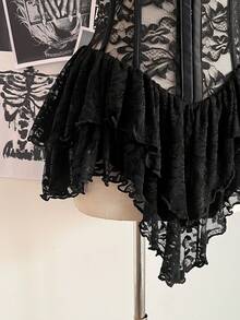 Attitoon 女士休闲复古束身蕾丝紧身不对称下摆迷你连衣裙，适合Y2K风格 - 黑色 - 查看 5