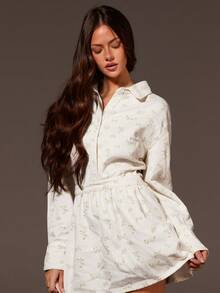 Athîral 女士休闲白色印花长袖牛仔迷你连衣裙 - 白色 - 查看 4