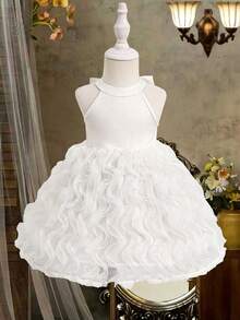 Baby Girls' Elegant Bowknot Back Embroidered Ruffle Hem Dress, White - White - View 4