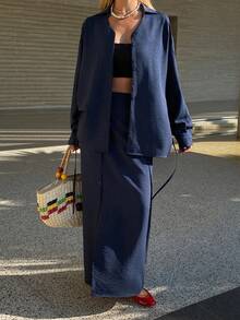 Livesso 2pcs/Set Women Casual Collared V-Neck Tie Top And Skirt Set - Blue - View 4