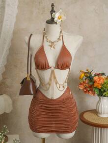 Swim SXY 女士性感纯色露背吊带金属吊坠比基尼套装，搭配纯色百褶迷你裙，优雅三件套泳装，适合海滩度假，春夏秋季皆宜。 - 棕色 - 查看 5