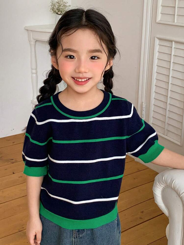 Young Girl Colorblock Striped Short Sleeve Sweater, Casual For Spring/Autumn