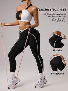 SHEIN Dewbera 女士七分交叉腰带运动紧身裤，无缝白色条纹时尚瑜伽裤，跑步健身紧身裤 - 黑色 - 查看 2