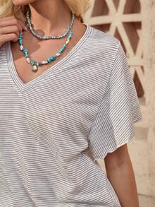 Wildy 波西米亚美式休闲西部乡村复古条纹女式短袖T恤，日常通勤、春夏基本款 - 彩色 - 查看 6