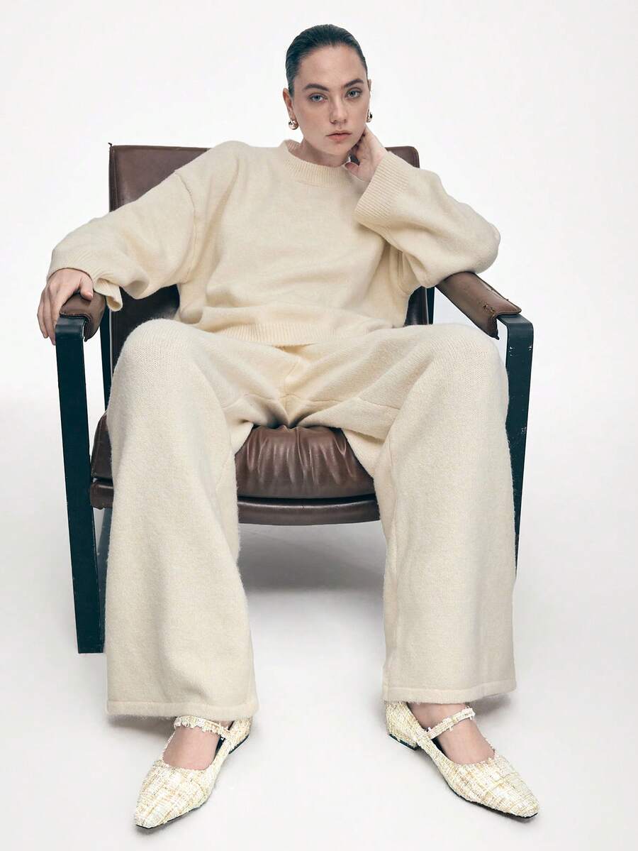 Mnmlis 女士新款灰色法式低跟尖头简约时尚羊毛玛丽珍鞋 - 米杏色2 - 查看 1