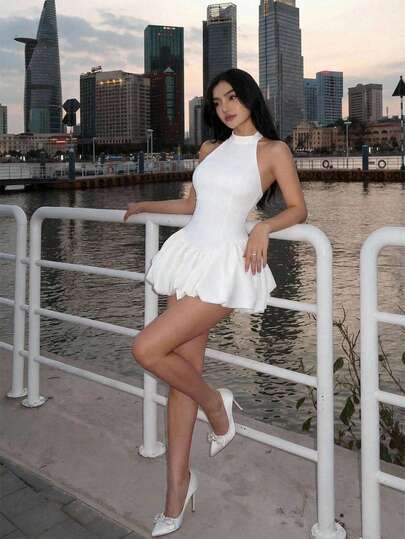 Firerie 女士优雅简约度假休闲日常时尚百搭浪漫时尚纯色印花中长连衣裙