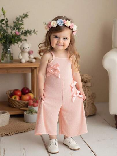 SHEIN 女婴甜美针织罗纹吊带连体衣，带蝴蝶结，适合度假和休闲外出，夏季