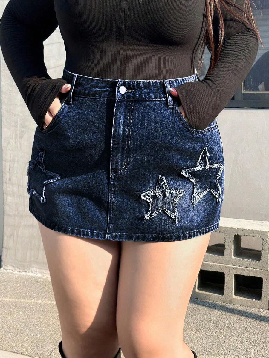 Rivivi 大码夏季休闲星形贴花牛仔迷你裙 - 深色水洗藍 - 查看 1