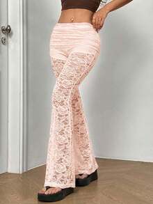 SHEIN EZwear 女士浅粉色蕾丝喇叭裤，可折叠腰带，春夏款 - 淺粉色 - 查看 4