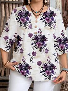 EMERY ROSE Plus Size Casual Minimalist Purple Floral Print V-Neck Shirt, Suitable For Summer - Multicolor - View 3