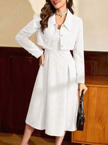 Vintamour Vintage Women Retro Elegant 2pcs Set Corduroy Square Collar A-Line Dress Long Sleeve Cropped Jacket With Pearl Buttons Women Clothes Women Jackets Women Set New Year Eve Dress Winter Women Coat Two Pieces Outfits Winter Outfits Christmas Women Clothes Outfits Long Sleeve Women Red Two Pieces Set Women Dress Party Dress Jacket Winter Women Sets Valentine Day Valentines Valentine's Day Valentine Day Dress Long Sleeve Elegant Dress White Vintage Dress French Style Dress - White - View 3