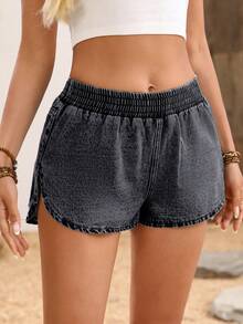 Breezaya Women's Solid Color Elastic Waist Casual Loose Summer Versatile Denim Shorts - Grey - View 6