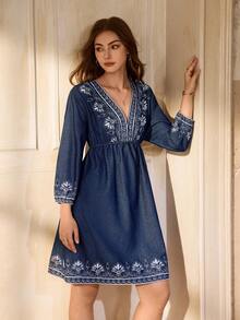 Selenza Women's Floral Embroidery Deep V-Neck Long Sleeve Sexy Denim Dress - Blue - View 7