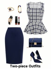 Ellevyn Women's Houndstooth Ruffle Collar Sleeveless Top And Pencil Midi Skirt Elegant 2 Pieces Set - Blue - View 1
