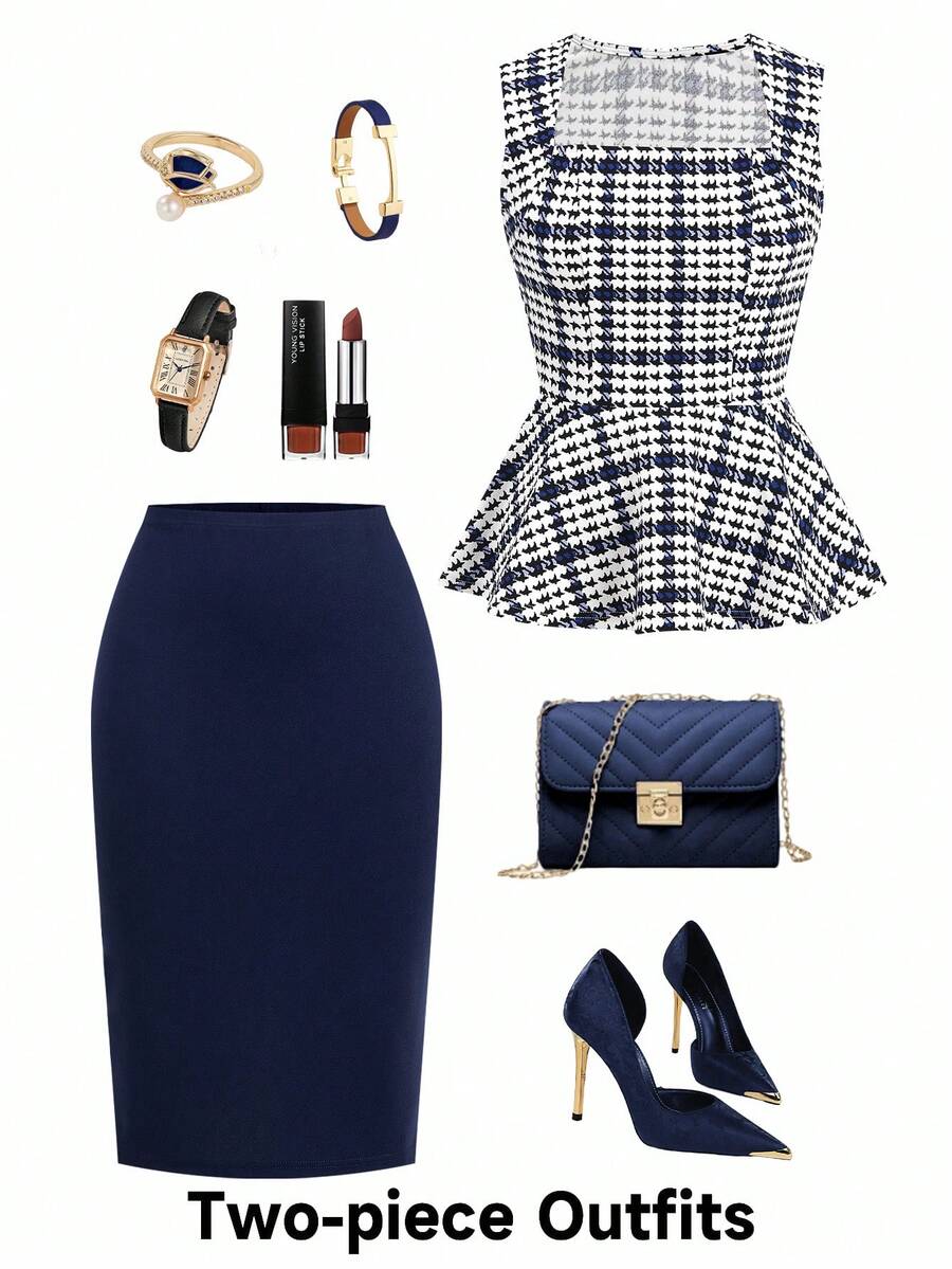 Ellevyn Women's Houndstooth Ruffle Collar Sleeveless Top And Pencil Midi Skirt Elegant 2 Pieces Set - Blue - View 1