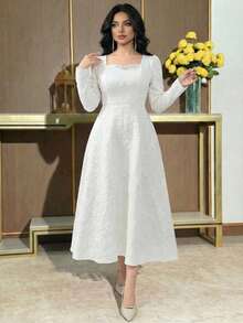 Feyla 优雅复古提花女士方领纯色长袖连衣裙 - 白色 - 查看 3