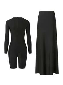 Swim Mulvari 针织假日派对外出海滩新年连衣裙，性感喇叭下摆沙滩裙，纯色搭配黑色金属配饰，冬季圣诞节两件套，无钢圈优雅夏季女士布基尼中东布基尼套装泳装 - 黑色 - 查看 8