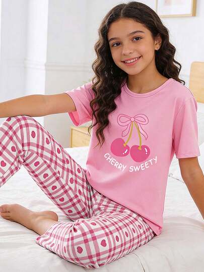 SHEIN 1 Set Tween Girls Pajamas, Pink Cherry Print Knit Crew Neck Top & Elegant Red Plaid Shorts, Spring/Summer