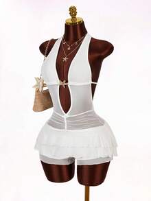 Amplova 女士性感露背系带褶皱连体裤，饰有金属海星，适合海滩度假和夏季穿着。 - 白色 - 查看 5