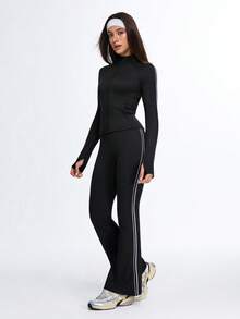 Eassivo Damen Sport-Set: Langarmshirt und Hose mit Reißverschluss, 2-teilig – mit Taschen, figurbetontes, professionelles Outfit für Fitness, Training und Yoga - Schwarz - Übersicht 3