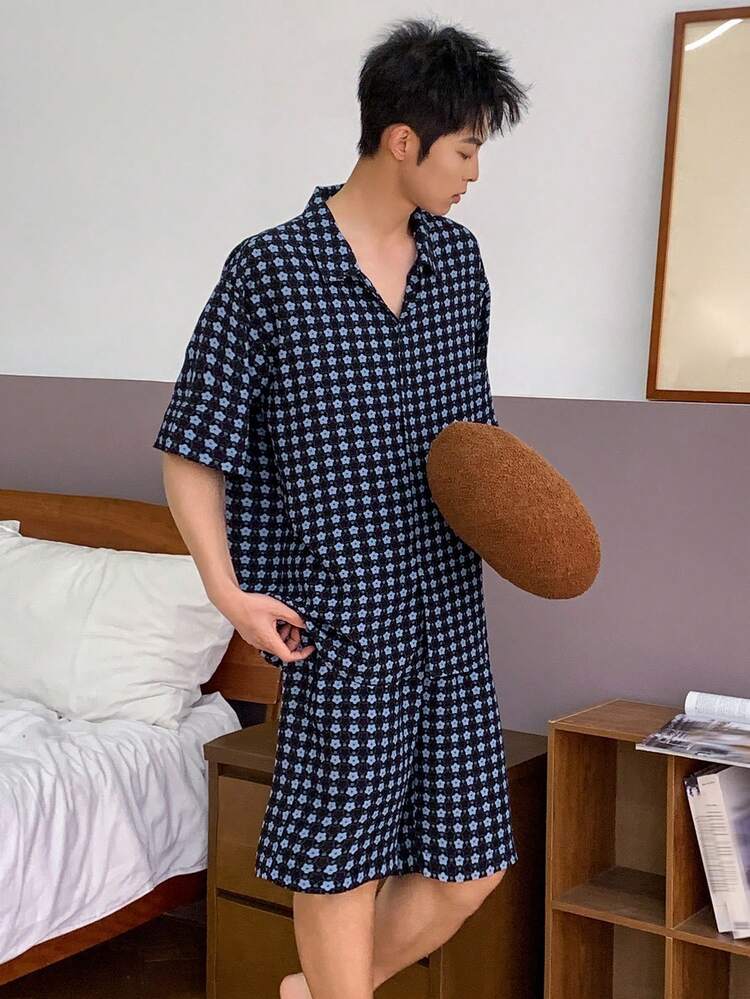 Men's Summer Short Sleeve Shirt And Shorts Pajama Set