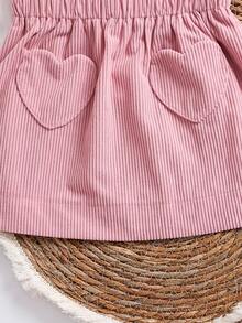 SHEIN 两件套女童针织翻领爱心图案休闲背心和梭织裙套装 - 粉色 - 查看 5