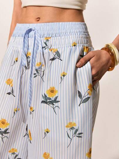 Poéselle Women's Casual Floral & Striped Print Drawstring High Waist Loose Wide Leg Pants  Vacation Outfits Women Holiday Outfits For Women  Summer Holiday Outfits   Two-In-One Waist Design Pants With Side Pockets
