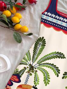 Soleia Đầm ngắn kiểu dáng nghỉ dưỡng thường ngày, phong cách nghỉ dưỡng Brazil, họa tiết rừng nhiệt đới, chim toucan và cây cọ, họa tiết hình học, viền hoa, phối màu tương phản, cổ chữ U, hở lưng, thích hợp cho mùa hè. - Nhiều màu - Xem 6