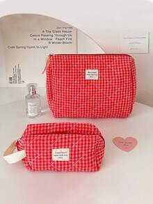 Red Grid Makeup Bag, Portable Quilted Checkered Toiletry Pouch With Large Capacity For Travel - Red - View 5