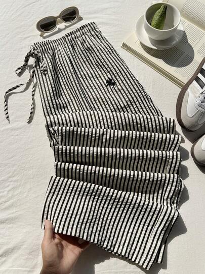 Comfortcana Plus Size Women Casual Vacation & Commute Striped Print Embroidered Knot Elastic Waist Loose Wide Leg Pants