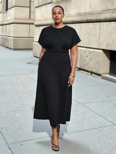 Maija 大码女式黑色束腰简约优雅蝙蝠袖连衣裙，适合办公室、郊游、俱乐部、节日、返校、轻松度假风格