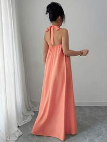 Elenzga Vestido floral sin mangas con lazo y corte evasé, elegante y romántico para vacaciones - Rosa coral - Ver 2