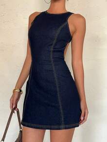 Aloruh Women's Fashionable Backless Sleeveless Denim Dress, Summer - Blue - View 2